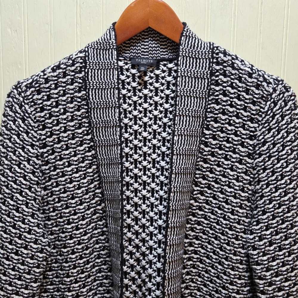 Talbots Cardigan Sweater Womens Petite Medium Black Geometric Knit Open Front